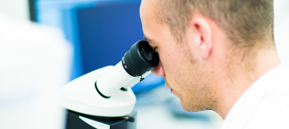 Hero Image Person looks through microscope